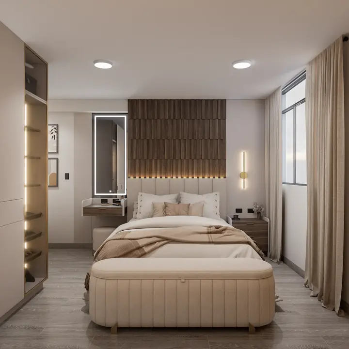Dormitorio Maribel: Dormitorio con cabecera de listones de madera