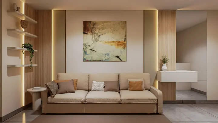 Sala Yanet: Sala con muro de TV en madera clara