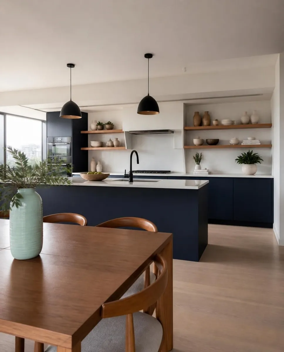 Cocina abierta con isla azul marino, repisas de roble y lámparas colgantes